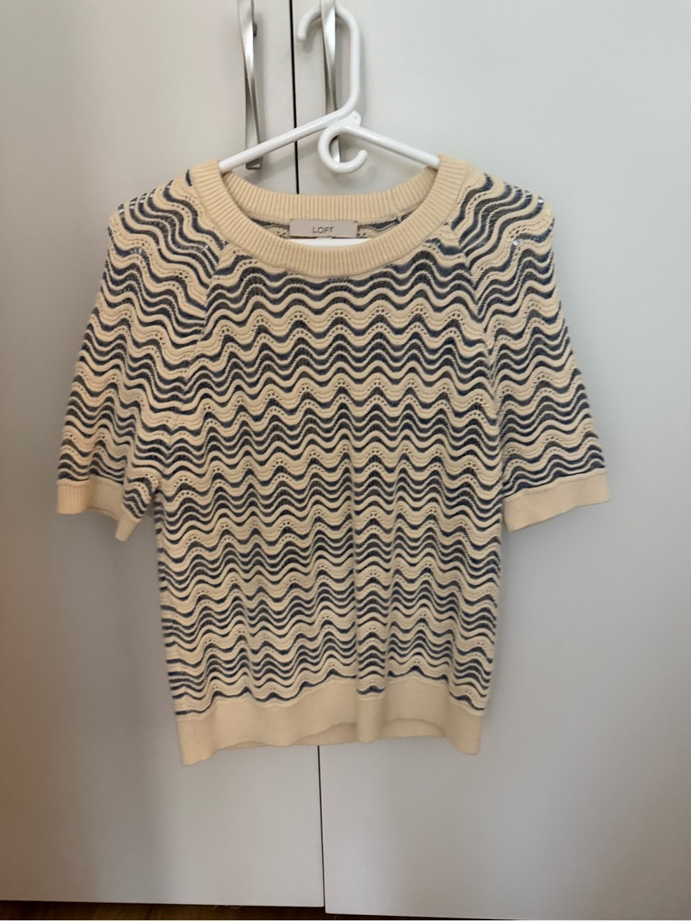 LOFT Cream and Navy Wave-Pattern Short Sleeve Crew Sweater